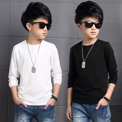 Boys' spring and autumn cotton long sleeve black T-shirt middle child pure white child thin base shirt children's coat