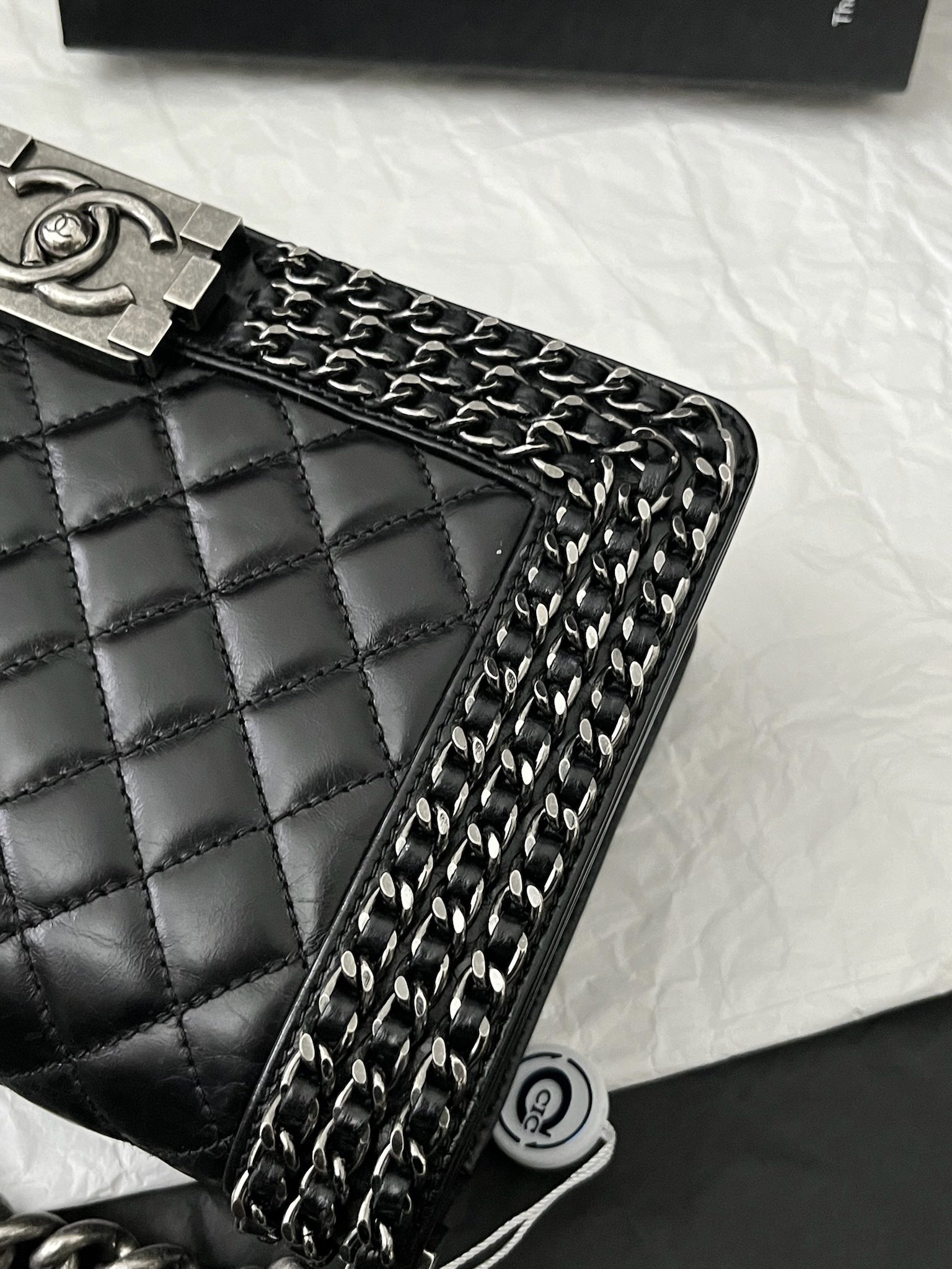 [9.8新]chanel香奈儿leboy黑银滚边油蜡皮中号限量单肩斜挎包正品