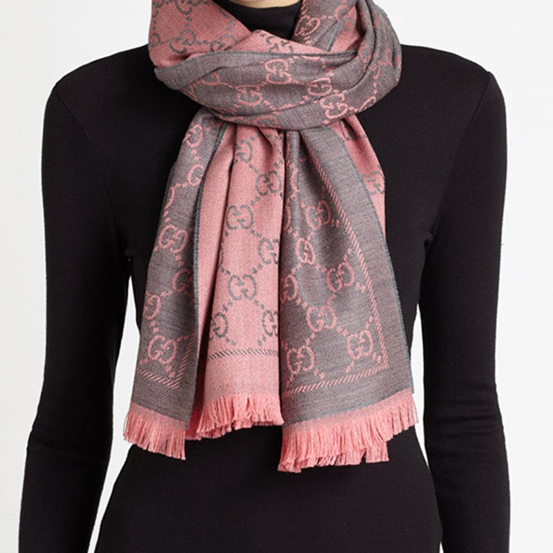 [9.9新]古奇gucci女士粉灰色双面羊毛围巾