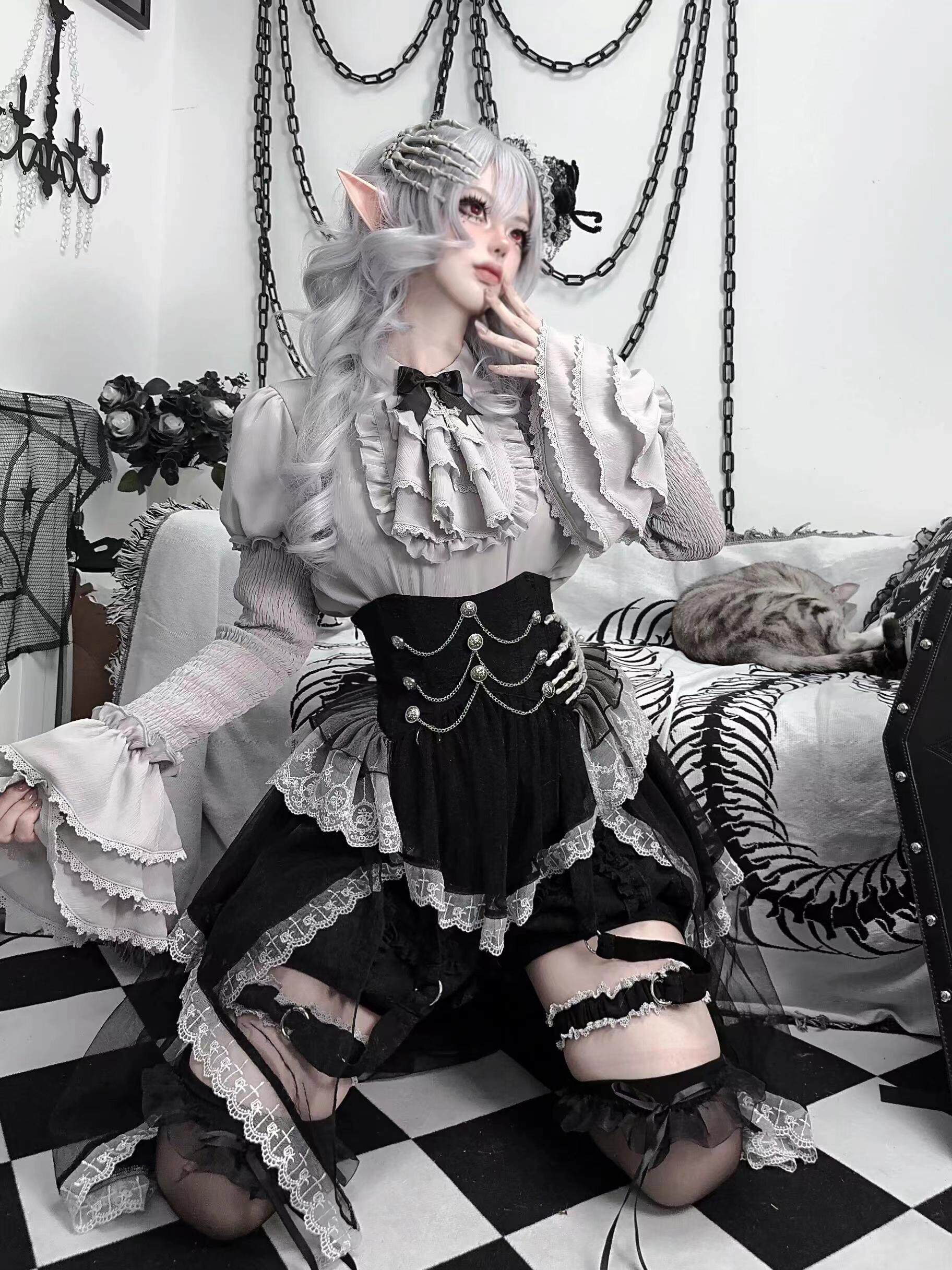 灰暗童话lolita哥特暗黑少女风复古洋装洛丽塔灯笼长袖连衣裙套装