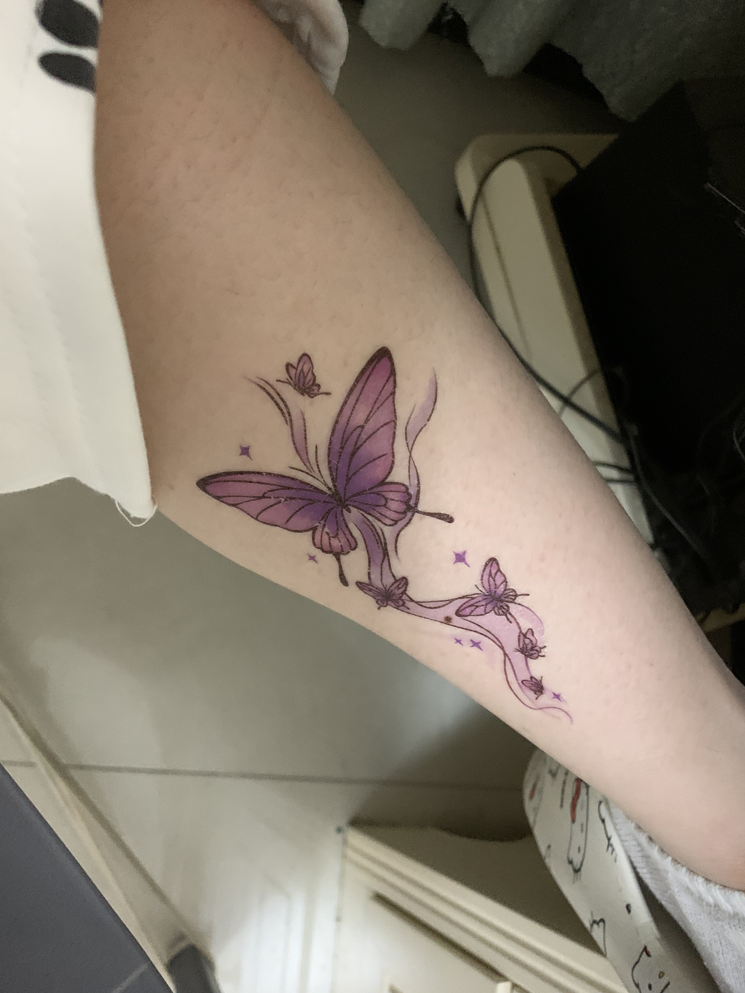 梦幻紫色蝴蝶彩色防水少女高级感纹身贴纸甜美大腿性感彩绘贴纸