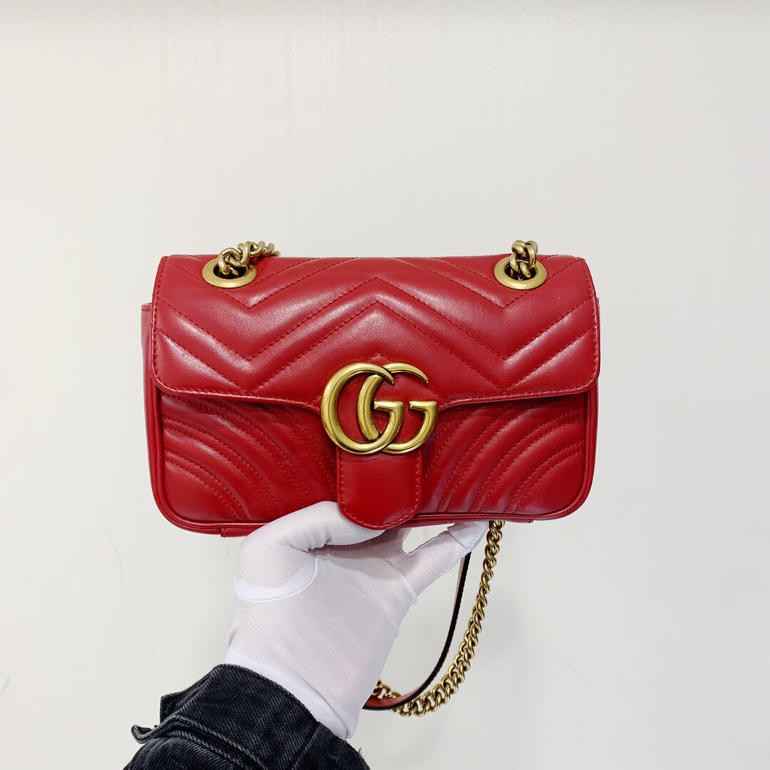 正品保真[9.8新]gucci/古驰红金marmont22马蒙链条包单肩斜挎包包