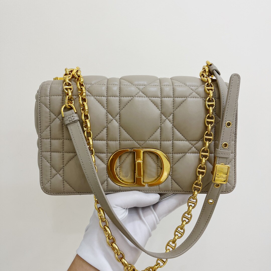 正品[9.8新]dior迪奥caro系列中号藤格纹牛皮米色金扣单肩斜挎包