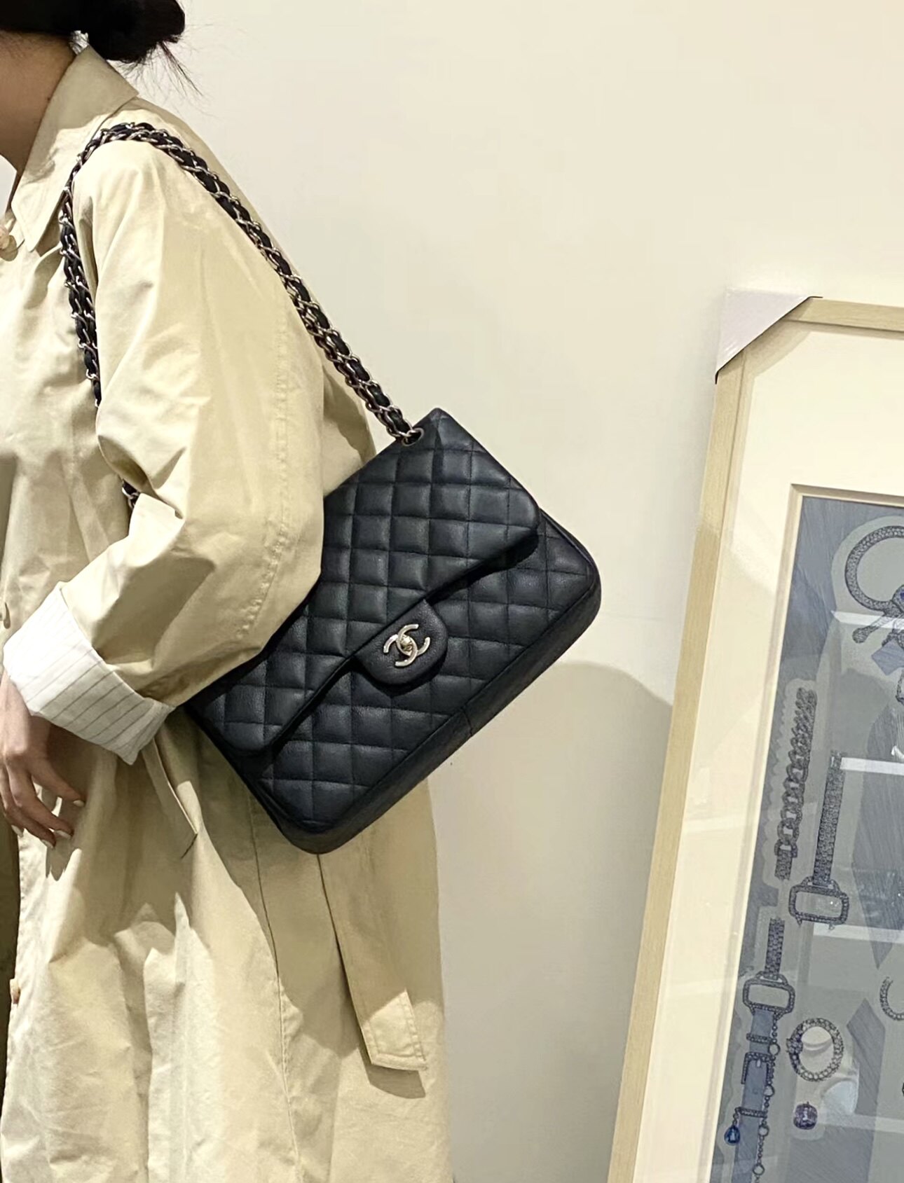 正品[9.8新]chanel香奈儿cf黑银荔枝皮单盖jumbo链条包单肩斜挎包