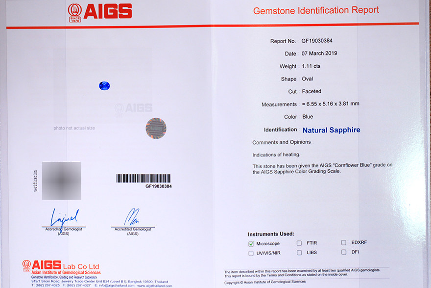 无保留价 1.11ct天然矢车菊蓝宝石 aigs证书30384 裸石 d w