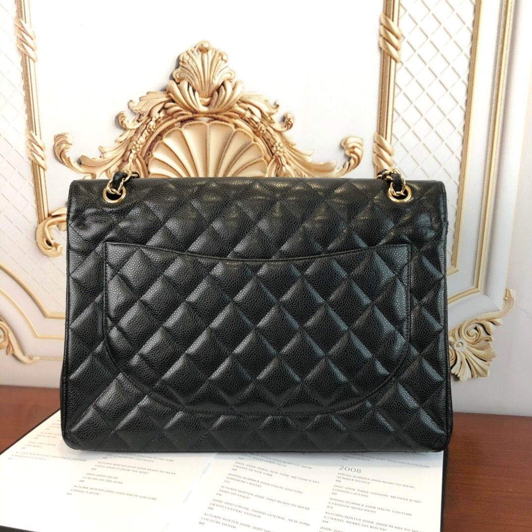 [98新]chanel香奈儿荔枝牛皮黑金maxi链条单肩包