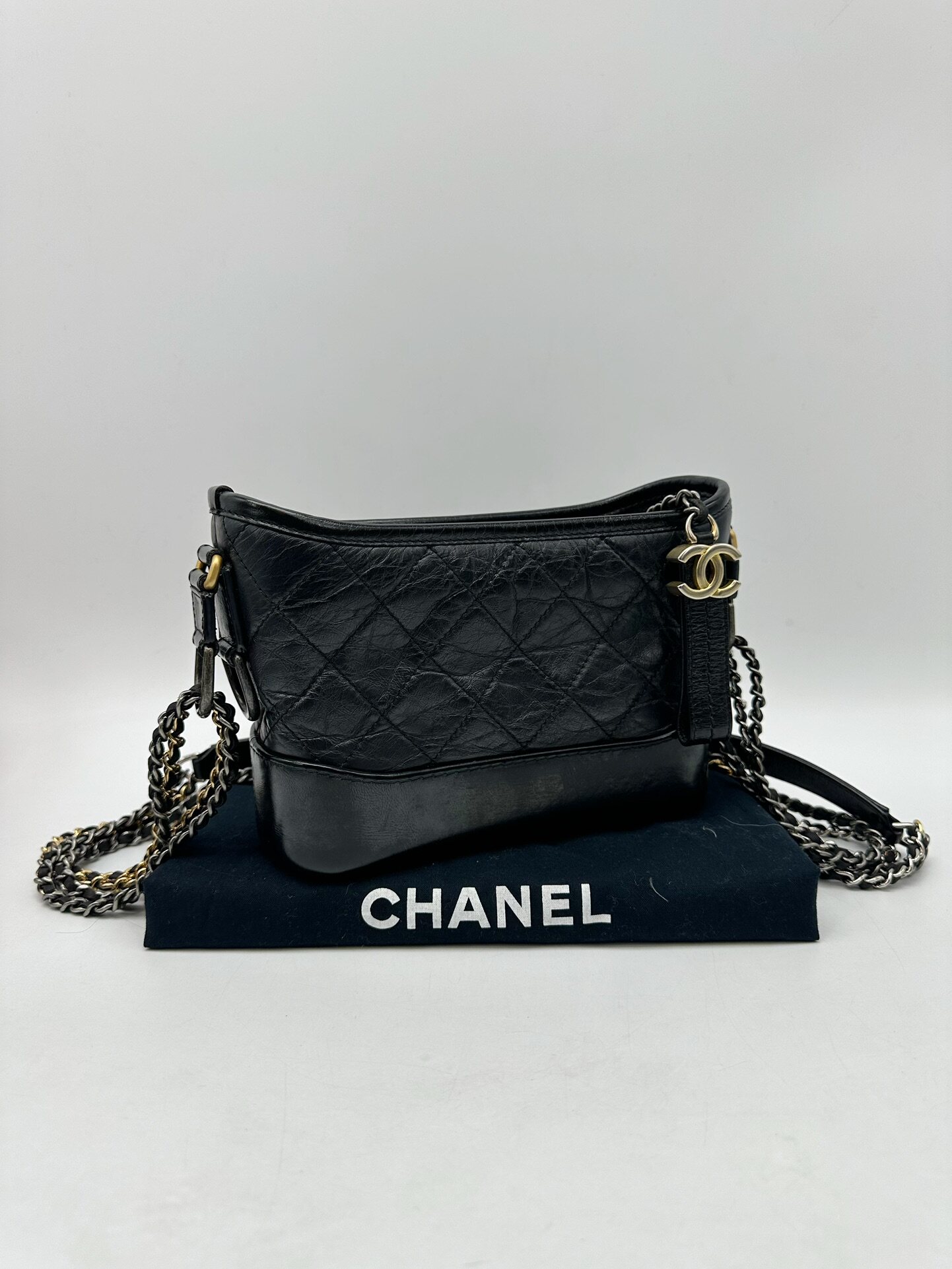 正品[9.7新]chanel香奈儿黑金gabrielle流浪包小号单肩斜挎链条包