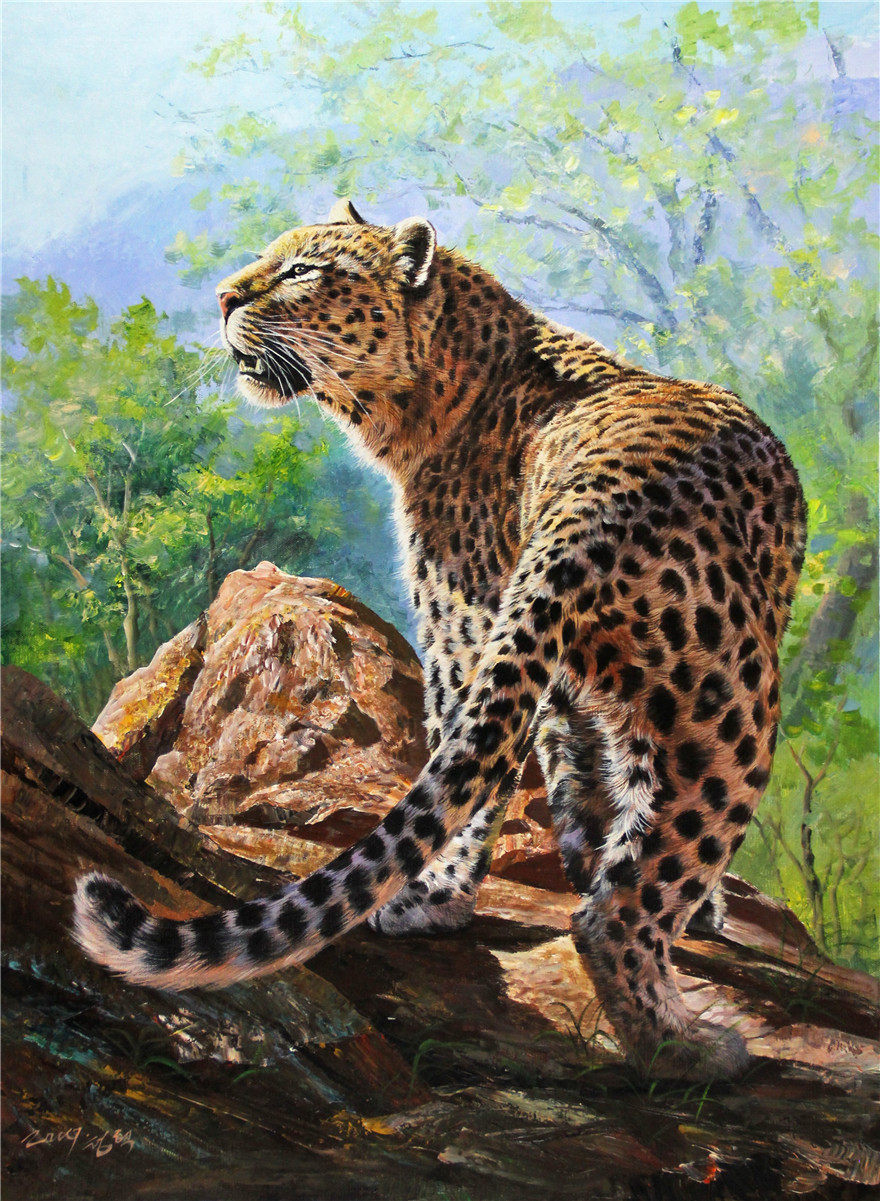 朝鲜一级画家 成赫 《豹子》动物油画 装饰收藏br607