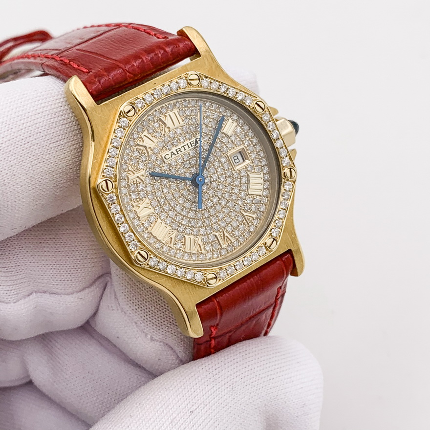 中检9.5新卡地亚手表女公价约9万元18k黄金后钻满钻自动机械腕表