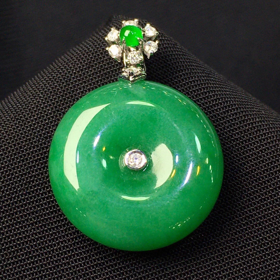 18k金镶嵌天然缅甸正品玉器a货高端翡翠冰润满阳绿平安扣吊坠玉坠