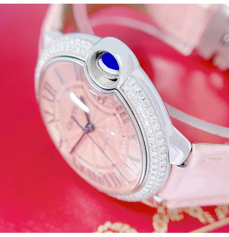 卡地亚女表蓝气球36表径粉盘自动机械手表女士正品9.8新wsbb0007