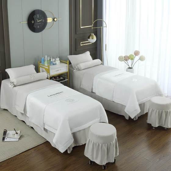 Four piece set of high-end beauty bed covers, textured cotton, light luxury massage bed sheets, hair washing, single piece bed cover set for beauty salons Four piece set of high-end beauty bed covers, textured cotton, light luxury massage bed sheets, hair washing, single piece bed cover set for beauty salons