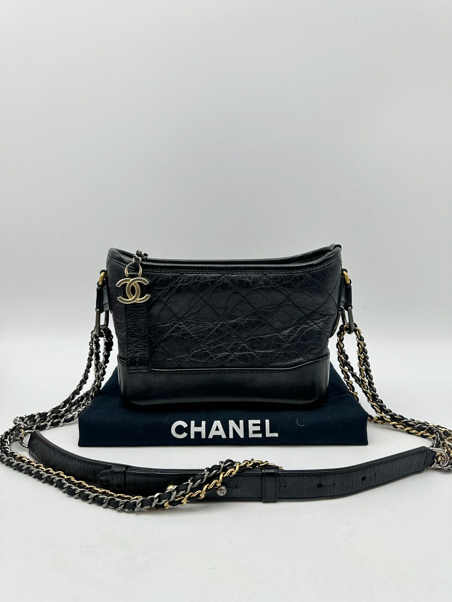 正品[9.7新]chanel香奈儿黑金gabrielle流浪包小号单肩斜挎链条包