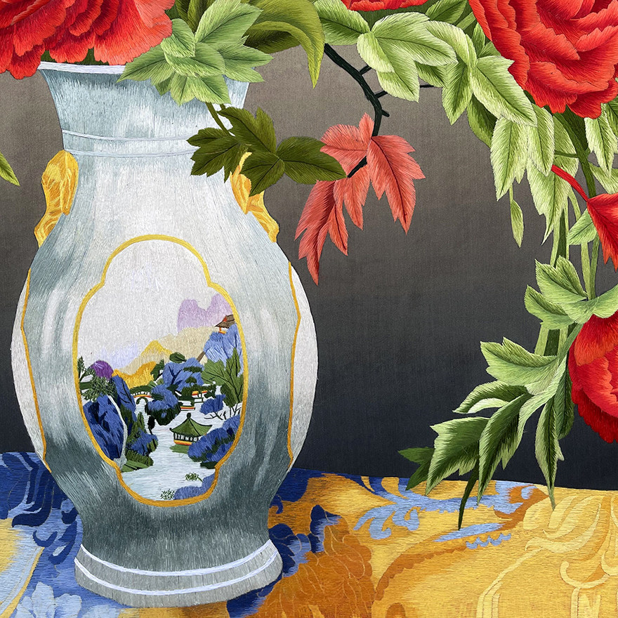 匠心苏绣《插花瓶》 家居装饰挂画 工艺礼品送礼刺绣真丝