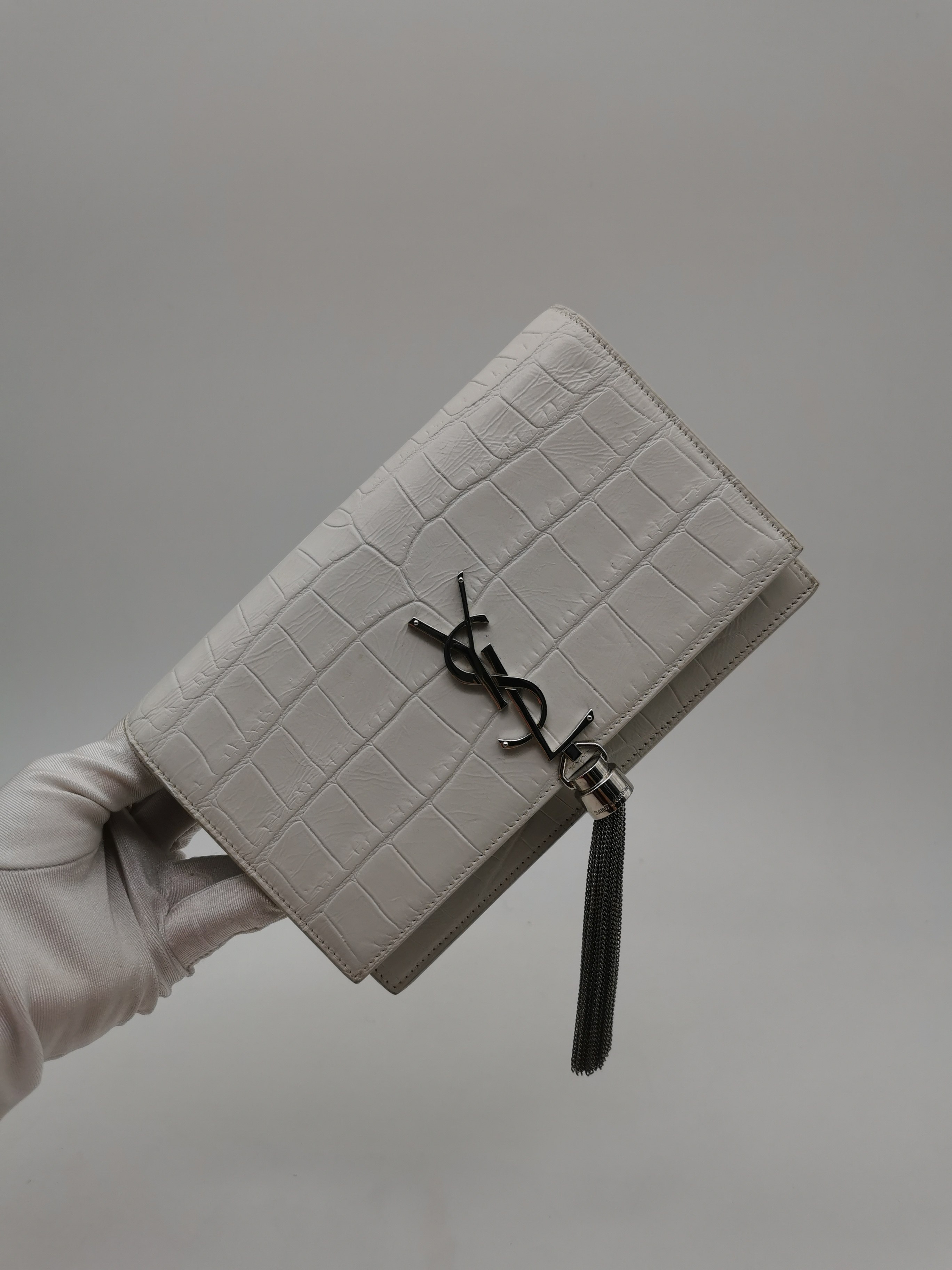 95新 ysl 圣罗兰 白色鳄鱼压纹流苏链条包 斜挎包 斜跨包