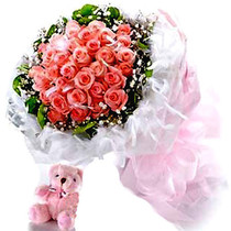 Pink roses 19 send Bear love flowers birthday flowers Shanghai flowers express the same city really miss you