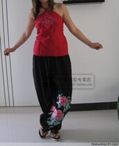 Burlap peony pants black green red cotton and linen peony flower closure pants bloomers ethnic style wide-leg pants wholesale