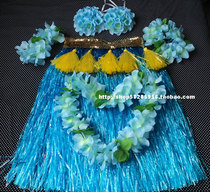 Hawaiian grass skirt set 80cm double blue skirt yellow gold belt blue corset blue wreath set