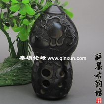 (Drunken ink Ancient Rhyme Square) Yins Pottery Xun Ten-hole black pottery relief Dragon Gourd Xun Playing Xun