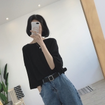 Big Meng family early spring new or will like simple and durable t-shirt loose cut edge knitted thread T-shirt women
