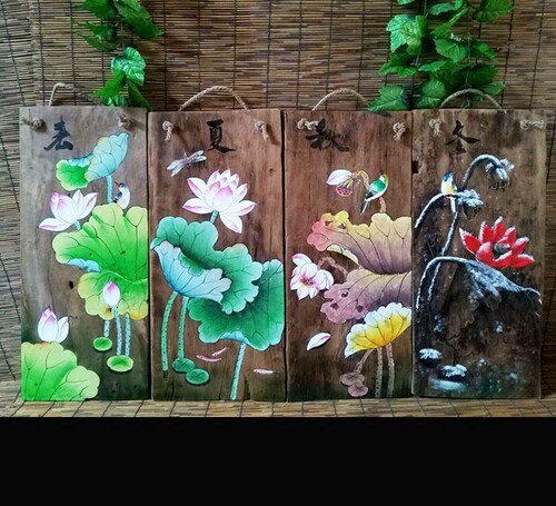 手绘风化木板画梅兰竹菊挂画樟木挂饰茶室仿古装饰墙饰背景墙挂件_7折