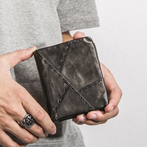 Handmade sheepskin wallet mens short leather vertical zipper multi-function anti-theft brush tide mens wallet personality mens tide