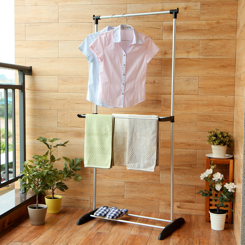 单杆双层晾衣架晒被子架连毛巾架落地晒衣架置地式室内阳台挂衣架_5折