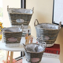 Handmade straw woven rattan flower pot flower basket round square ornaments original country style retro wind Willow flower arrangement