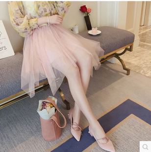 梦梦家春季女装新款纯色高腰半透性感网纱半身裙不规则百褶中裙子