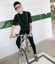 Summer hairstymentshirtsstylistpersonalitynightclubyteshandsome repair nine-piece pants two-piece set