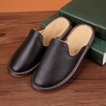 Winter cowhide slippers Loose large size comfortable Japanese leather slippers mens velvet home floor indoor leather slippers