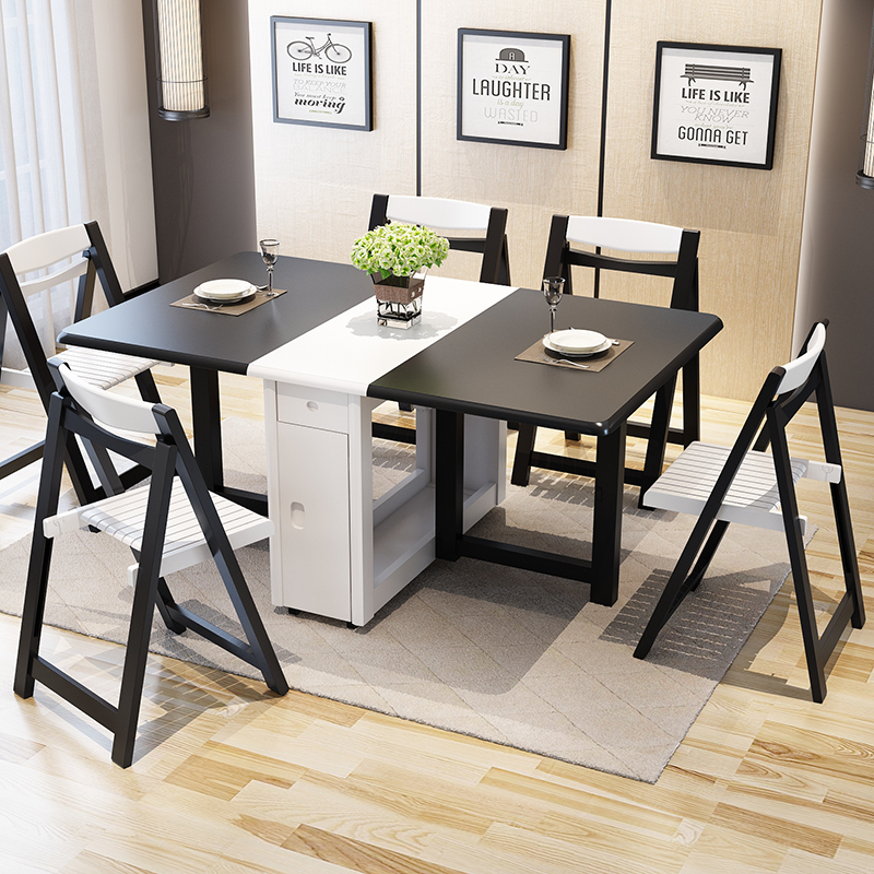 乐私简约现代多功能创意折叠北欧伸缩餐桌351黑白