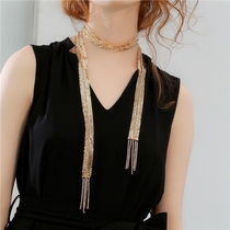 European and American big shiny shiny metal wafer long chain neck chain fashion personality water drill flow suneck chain wide necklace accessories