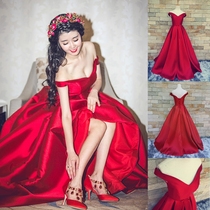 One-shoulder dress long red slim fit bride wedding toast evening dress party host dress