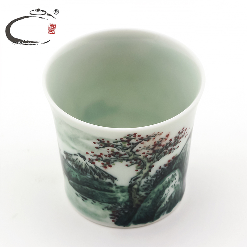 And auspicious color And blue And white porcelain cups cup sample tea cup beakers jing DE collection landscape green glaze cup