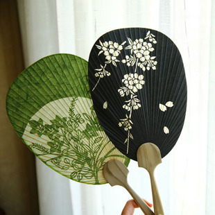 精品限量女用日式和风江户日本和服竹柄团扇子双层美纹剪纸圆扇