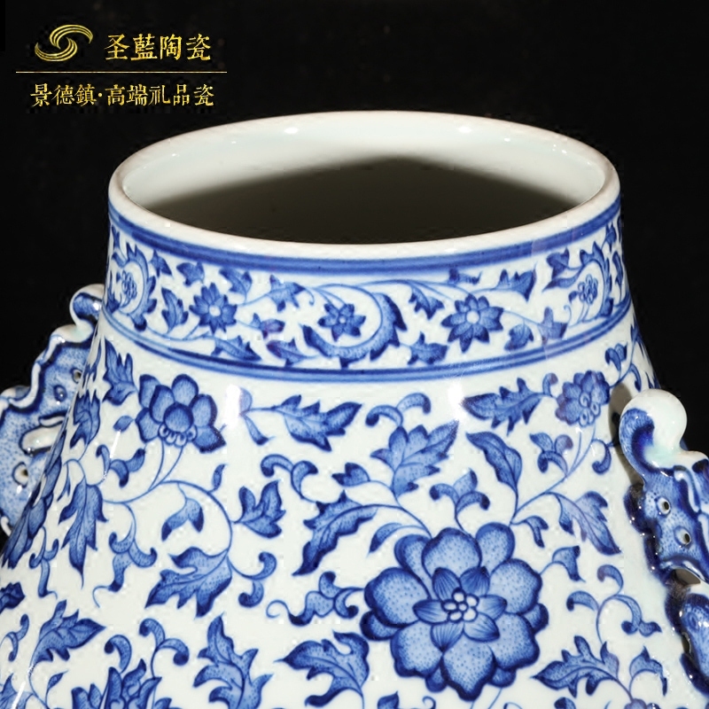 Jingdezhen ceramics by hand antique blue - and - white bound branch lotus double listen barrels vase sitting room home decoration furnishing articles