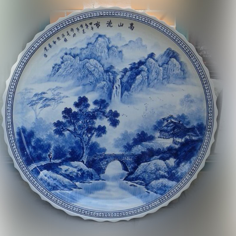 Hand made blue and white landscape big porcelain jingdezhen 1 meter mountain stream grail penjing art ground plate