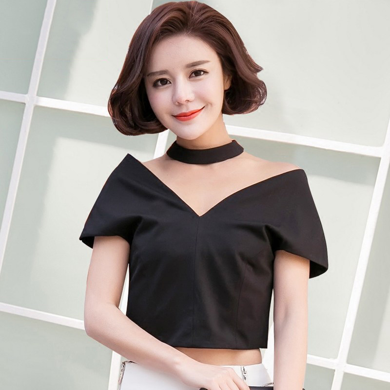 高腰衣服露脐装女韩国性感短袖紧身v领一字肩漏肚脐短款t恤上衣夏