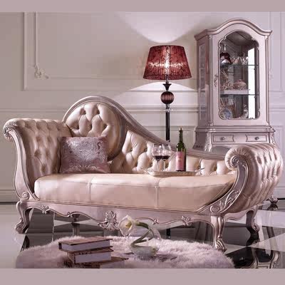 06米香槟色贵妃椅 欧式实木雕刻头层牛皮贵妃塌_不打折现价14710.00元