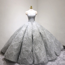 2021 new bridal wedding dress slim silver gray court trailing ceremony yarn waist princess fantasy wedding dress