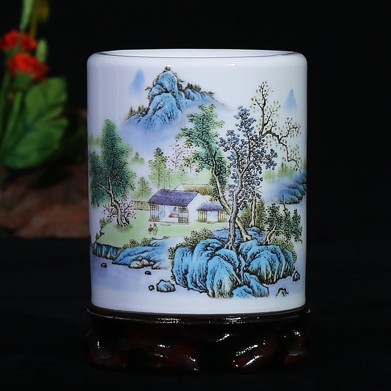 Jingdezhen ceramic famille rose porcelain vase landscape study modern household brush pot office furnishing articles of classical arts and crafts