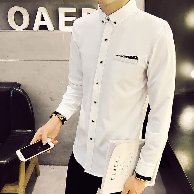Men's shirt long sleeve spring and autumn fashion class clothes Korean version slim and handsome trend white shirt work clothes solid color men's shirt Men's shirt long sleeve spring and autumn fashion class clothes Korean version slim and handsome trend white shirt work clothes solid color men's shirt
