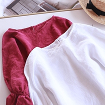 Day Ensemble Design Sensation Three-dimensional Lotus Leaf Cuff Pure Color Washed French Hemp 70% Sleeve Blouse Commute Pure Twist