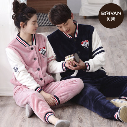 贝妍秋冬情侣珊瑚绒睡衣女人加厚法兰绒家居服男士运动可外穿套装-tmall.com天猫