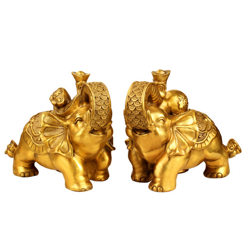 展示与对比:聚缘阁风水铜财富对象摆件带底座大象一对黄铜小象家居工