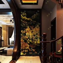 Black background golden landscape pastoral hand-painted lacquer painting Hotel Villa Hall aisle porch custom-made landscape screen
