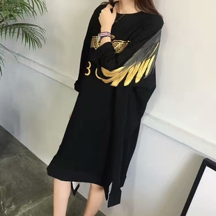 秋季新款boy潮牌女装纯棉中长款卫衣t恤连衣裙烫金百搭宽松显瘦