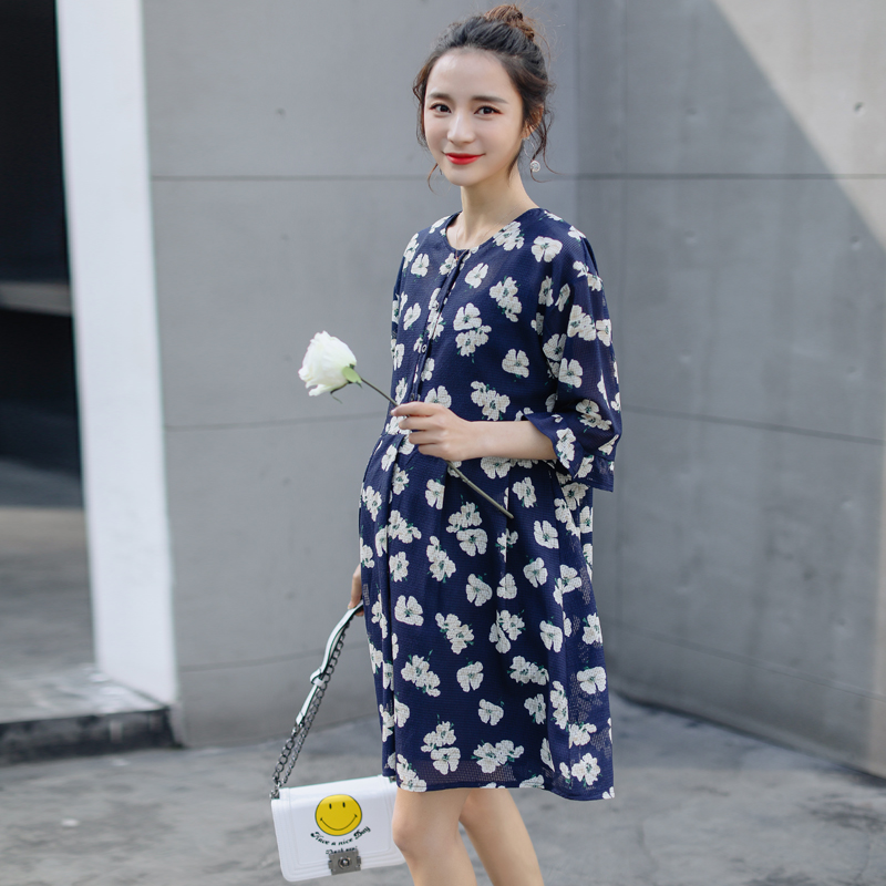 妤沫2017夏季花瓣孕妇装荷叶袖连衣裙透气洞洞麻夏装宽松大码上衣