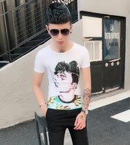 Summer new mens round neck print base shirt spirit guy T-shirt mens short sleeve personality tight Youth top
